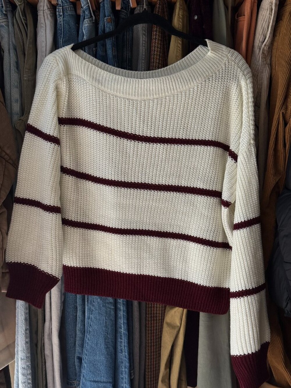 Cream + Maroon Off Shoulder Sweater